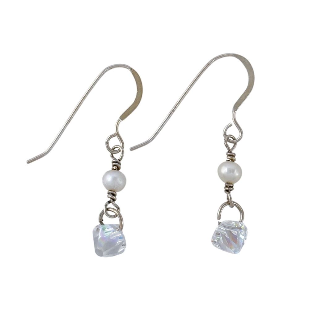 Vintage Sterling Silver 925 Pearl Crystal Dangle Earrings